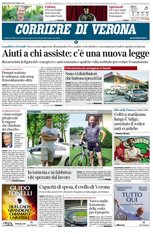 Prima pagina Corriere di Verona di oggi - Quotidiano regionale