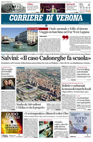 Prima pagina Corriere di Verona di oggi - Quotidiano regionale