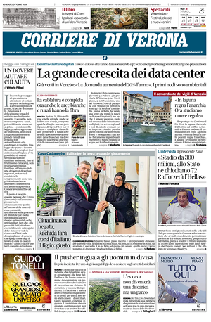 Prima pagina Corriere di Verona di oggi - Quotidiano regionale