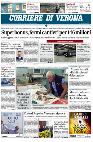 Prima pagina Corriere di Verona di oggi - Quotidiano regionale
