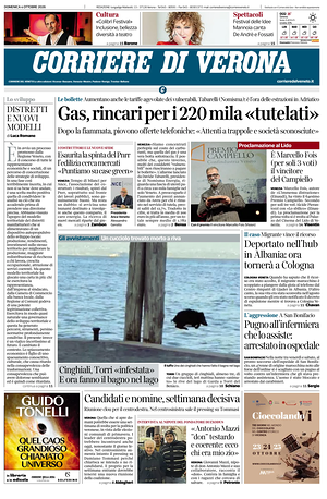 Prima pagina Corriere di Verona di oggi - Quotidiano regionale