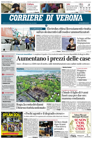 Prima pagina Corriere di Verona di oggi - Quotidiano regionale