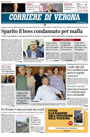 Prima pagina Corriere di Verona di oggi - Quotidiano regionale