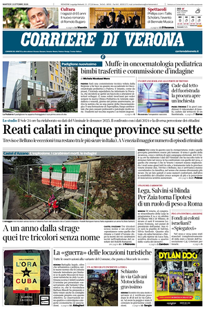 Prima pagina Corriere di Verona di oggi - Quotidiano regionale