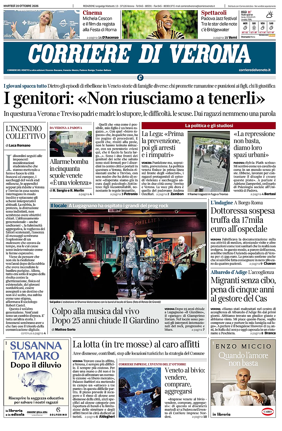 Prima pagina Corriere di Verona di oggi - Edicola 20 Ottobre 2026