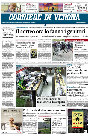 Prima pagina Corriere di Verona di oggi - Quotidiano regionale