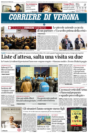Prima pagina Corriere di Verona di oggi - Quotidiano regionale