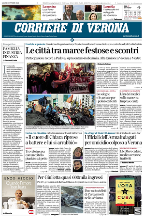 Prima pagina Corriere di Verona di oggi - Quotidiano regionale
