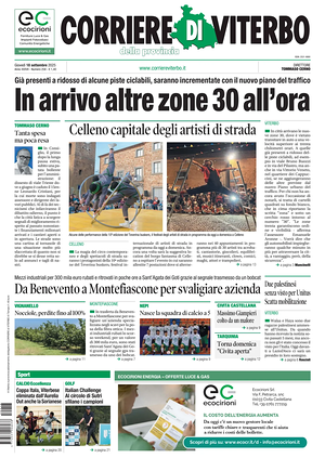 Prima pagina Corriere di Viterbo di oggi - Quotidiano regionale