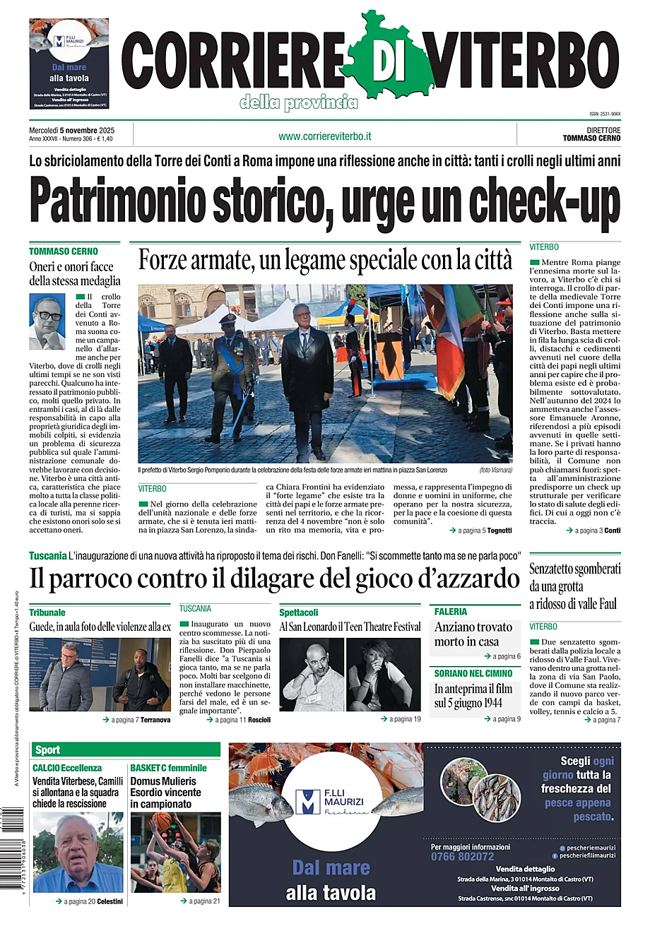 Prima pagina Corriere di Viterbo di oggi - Edicola 5 Novembre 2025