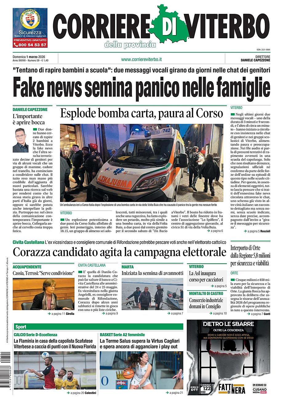 Prima pagina Corriere di Viterbo di oggi - Edicola 1 Marzo 2026