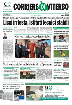 Prima pagina Corriere di Viterbo di oggi - Quotidiano regionale