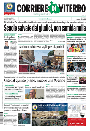 Prima pagina Corriere di Viterbo di oggi - Quotidiano regionale