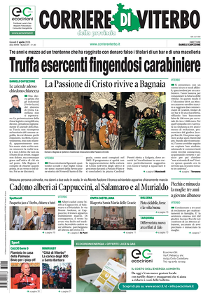 Prima pagina Corriere di Viterbo di oggi - Quotidiano regionale