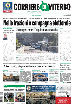 Prima pagina Corriere di Viterbo di oggi - Quotidiano regionale