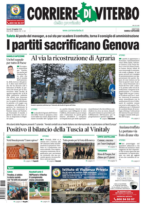Prima pagina Corriere di Viterbo di oggi - Quotidiano regionale