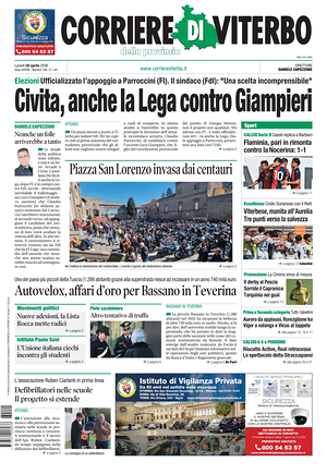 Prima pagina Corriere di Viterbo di oggi - Quotidiano regionale