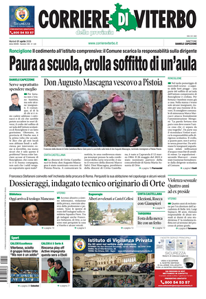 Prima pagina Corriere di Viterbo di oggi - Quotidiano regionale