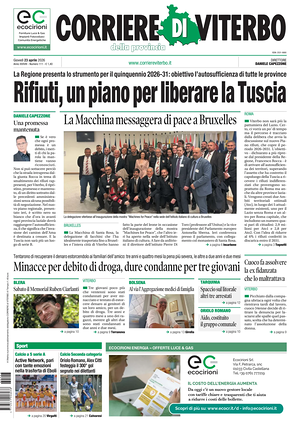 Prima pagina Corriere di Viterbo di oggi - Quotidiano regionale