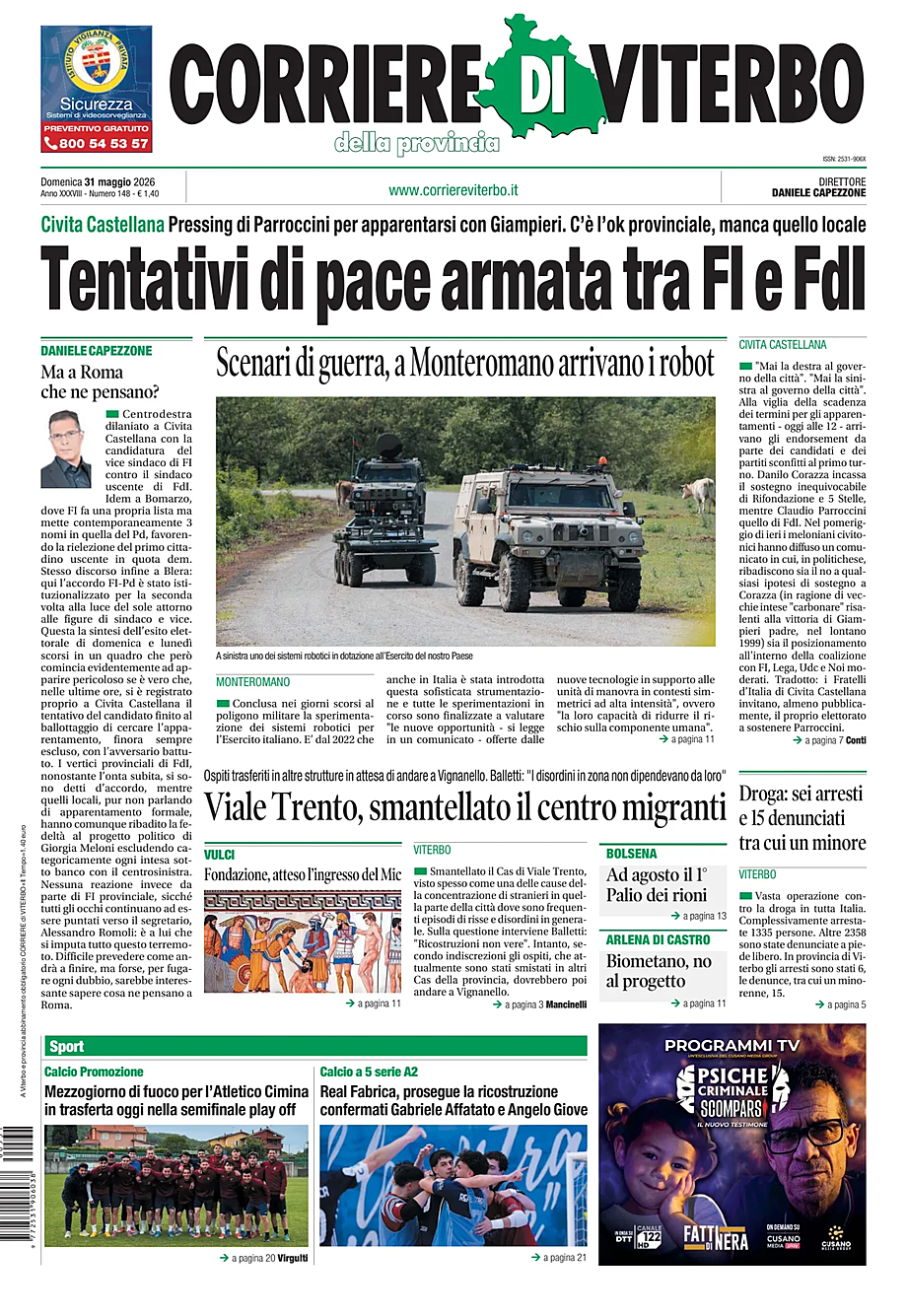 Prima pagina Corriere di Viterbo di oggi - Edicola 31 Maggio 2026