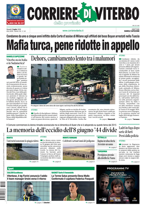 Prima pagina Corriere di Viterbo di oggi - Quotidiano regionale
