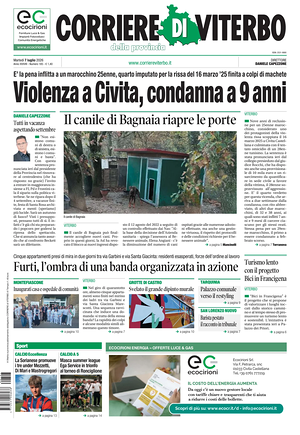 Prima pagina Corriere di Viterbo di oggi - Quotidiano regionale