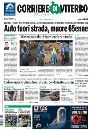 Prima pagina Corriere di Viterbo di oggi - Quotidiano regionale