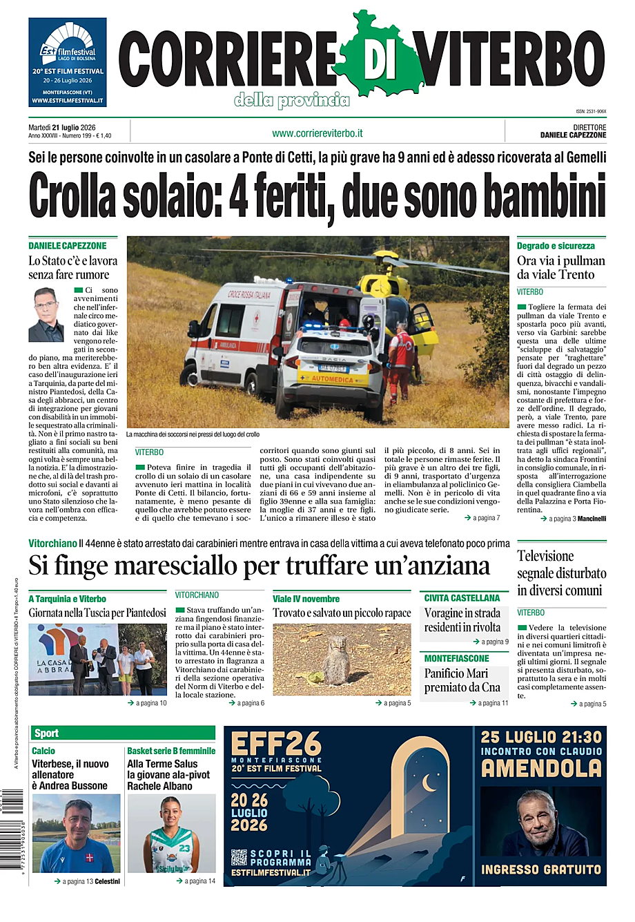 Prima pagina Corriere di Viterbo di oggi - Edicola 21 Luglio 2026