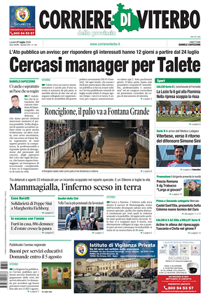 Prima pagina Corriere di Viterbo di oggi - Quotidiano regionale