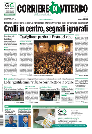 Prima pagina Corriere di Viterbo di oggi - Quotidiano regionale