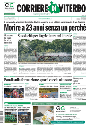 Prima pagina Corriere di Viterbo di oggi - Quotidiano regionale