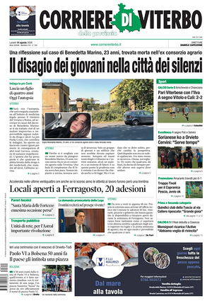 Prima pagina Corriere di Viterbo di oggi - Quotidiano regionale