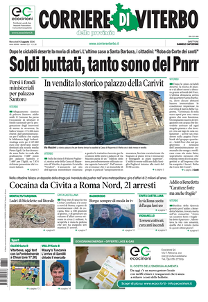 Prima pagina Corriere di Viterbo di oggi - Quotidiano regionale