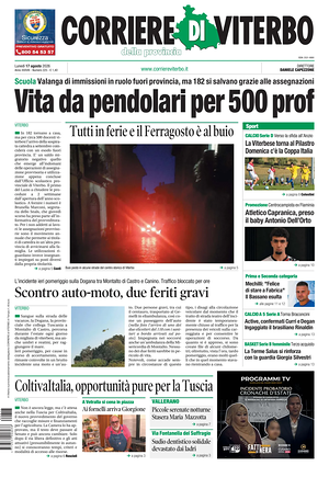 Prima pagina Corriere di Viterbo di oggi - Quotidiano regionale