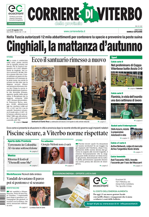 Prima pagina Corriere di Viterbo di oggi - Quotidiano regionale