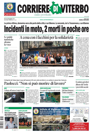 Prima pagina Corriere di Viterbo di oggi - Quotidiano regionale