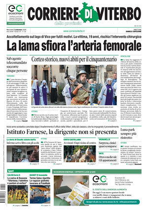 Prima pagina Corriere di Viterbo di oggi - Quotidiano regionale