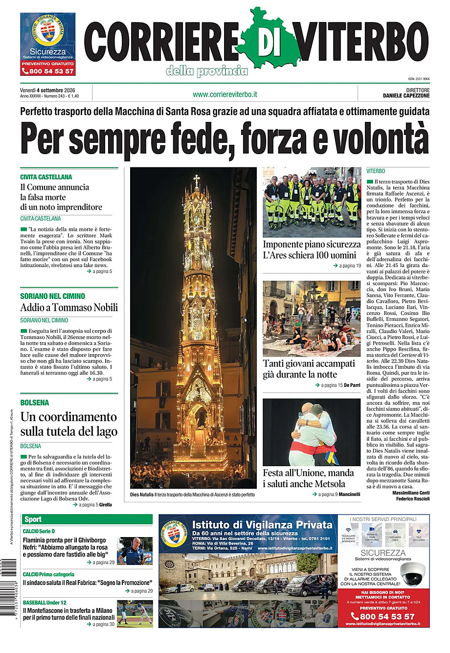 Prima pagina Corriere di Viterbo di oggi - Edicola 4 Settembre 2026