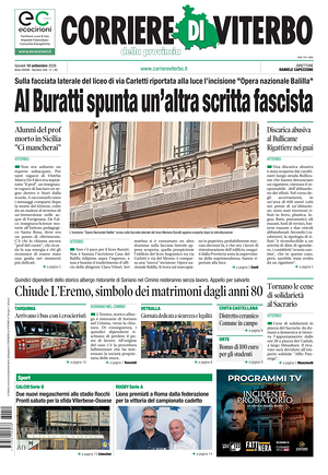 Prima pagina Corriere di Viterbo di oggi - Quotidiano regionale