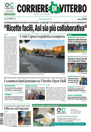 Prima pagina Corriere di Viterbo di oggi - Quotidiano regionale