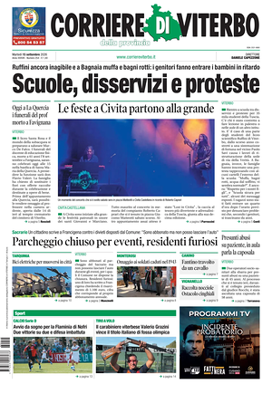 Prima pagina Corriere di Viterbo di oggi - Quotidiano regionale