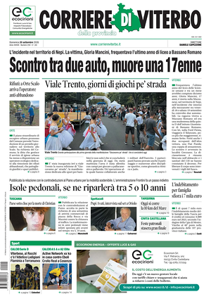 Prima pagina Corriere di Viterbo di oggi - Quotidiano regionale