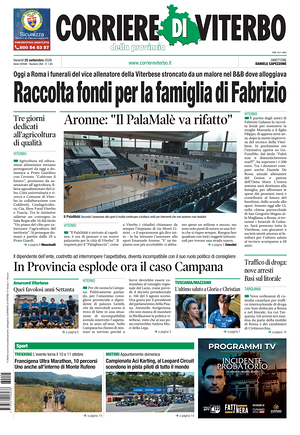 Prima pagina Corriere di Viterbo di oggi - Quotidiano regionale