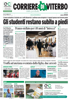 Prima pagina Corriere di Viterbo di oggi - Quotidiano regionale