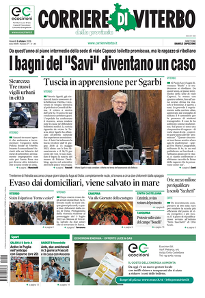 Prima pagina Corriere di Viterbo di oggi - Quotidiano regionale