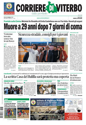Prima pagina Corriere di Viterbo di oggi - Quotidiano regionale