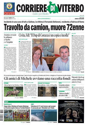 Prima pagina Corriere di Viterbo di oggi - Quotidiano regionale