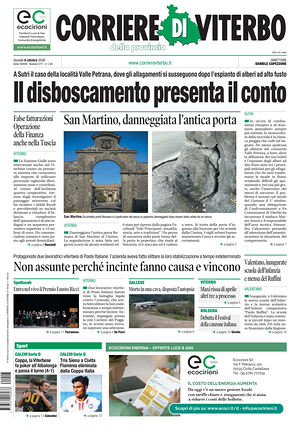 Prima pagina Corriere di Viterbo di oggi - Quotidiano regionale