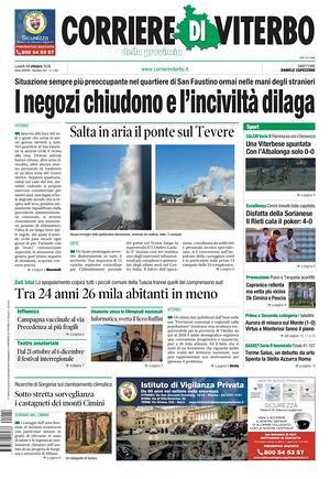 Prima pagina Corriere di Viterbo di oggi - Quotidiano regionale