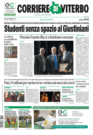 Prima pagina Corriere di Viterbo di oggi - Quotidiano regionale